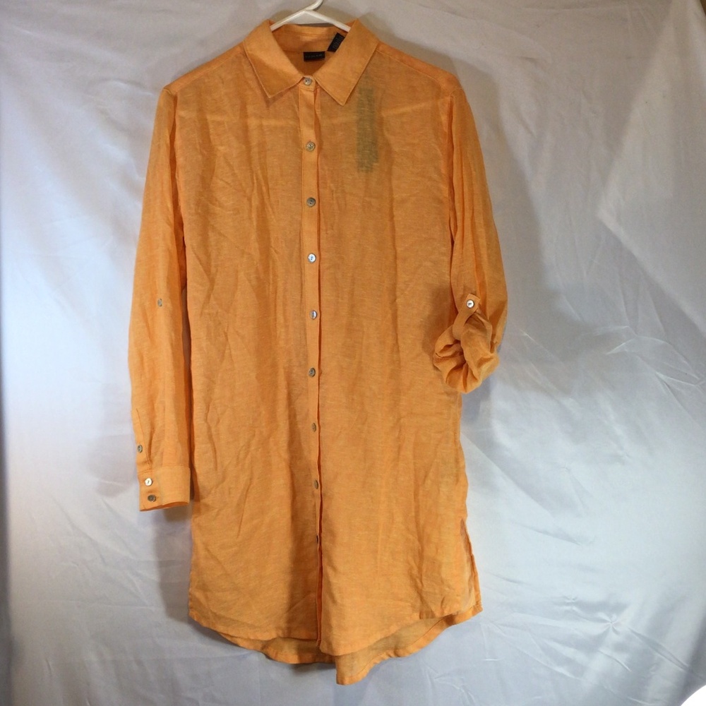 Tahari Size XS Linen Blend Shirt Dress Orange Button Front Long Sleeve Tunic
